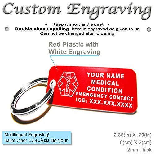 My Identity Doctor - Custom Engraved Medical Alert ID Keychain Tags, Plastic, Rectangle, Red, Small 2.25 x .79 Inch, 3 Pack