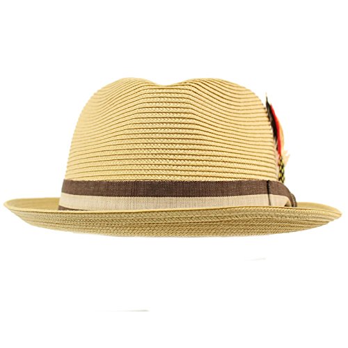 Men's Stripe Band Removable Feather Derby Fedora Curled Brim Hat L/XL