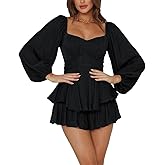 LYANER Women's Jumpsuit Lantern Long Sleeve Ruffle Layer Tie Mini Short Romper