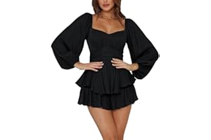 LYANER Women's Jumpsuit Lantern Long Sleeve Ruffle Layer Tie Mini Short Romper