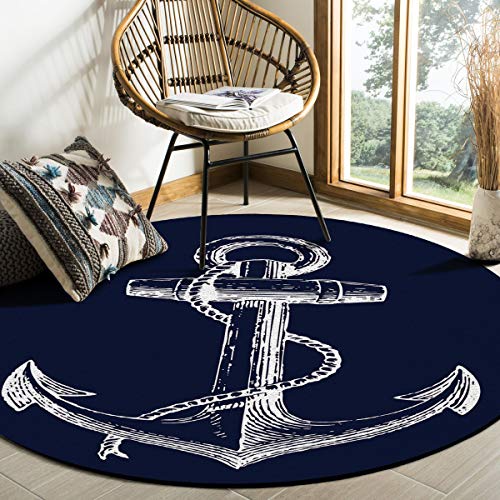 Round Area Rugs 3 ft Nautical Navy Blue Anchor Soft Floor Carpets Indoors/Outdoor Living Room/Bedroom/Children Playroom/Kitchen Mats Non Slip Yoga Carpets