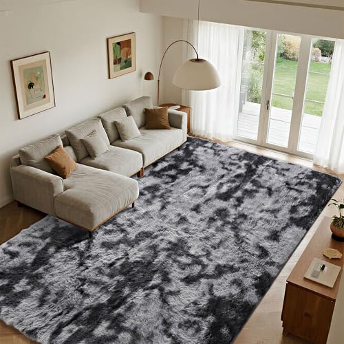 ASIinnsy Living Room Rug, Long Hair, Shaggy Modern Large Grey Rug, Non-Slip Soft, for Bedroom, Dining Room, Plush Rug (250 x 300 cm, Grey Black)