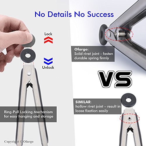 Kitchen Tongs, Ofargo Non-Stick Cooking Tongs Stainless Steel, Serving Gadgets with Heat Resistant Silicone Tips Stands Locking Clip Food-Grade for BBQ Grill Kitchen (9"+12" 2-Pack, Black)