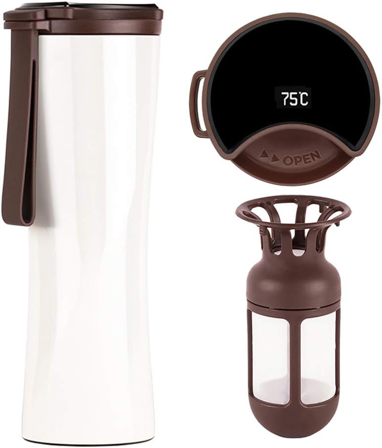 KISS KISS FISH Travel Mug, Vacuum Flask, Smart Coffee Tumbler, 430ml Touch Interactive Stainless Steel Water Bottle with OLED Temperature Display Including Coffee Brewer (White)