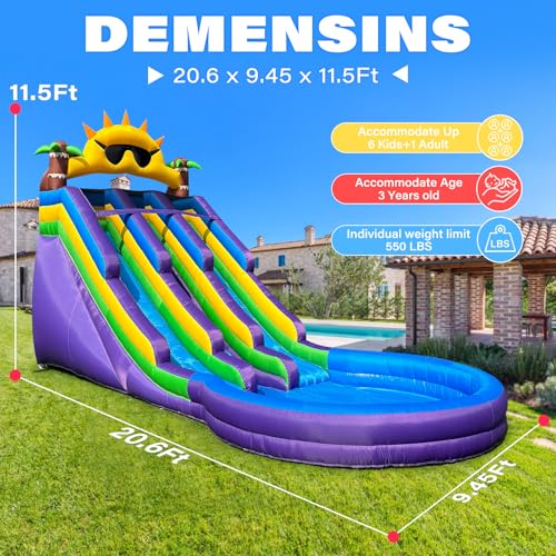 GOFAFALO Inflatable Grade Double Water Slide for Kids and Adults with Big Splash Pool, 20.6 * 9.45 * 11.3FT Backyard Party Oxford Water Slide with Air Blower-Purple