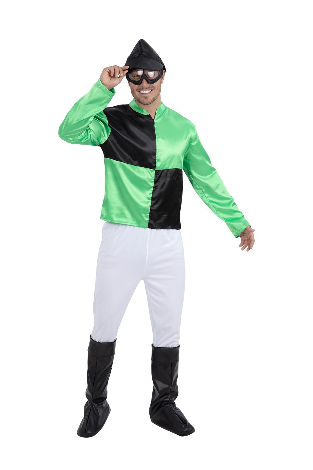 Smiffys Men's Jockey Fancy Dress Costume – Green & Black Horse Racing Outfit – Adult Rider Silks with Hat, Goggles, Boot Covers & Trousers – Men's Fancy Dress Costume – X Large