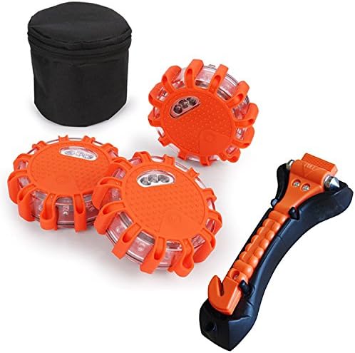 LED Road Flares 3-pack emergency disc with Storage Bag and Emergency Escape Tool Safety Hammer Kit Bundle