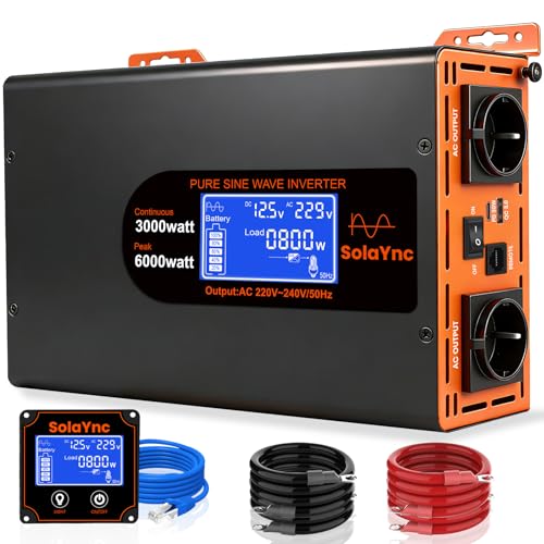 SolaYnc 3000W/6000W 12V 220/230V Pure Sine Inverter DC AC Sine Wave Inverter, with LCD Display, Remote Control, 2 EU AC Sockets, Type-C 30W Interface and USB Port, for Cars, Boats, Trucks