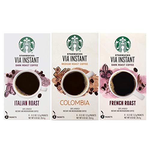 Starbucks Via Instant Coffee Bundle 24 PacketsItalian Roast, Colombia, & French Roast