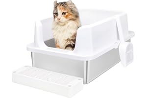 RIZZARI Stainless Steel Cat Litter Box, Semi-Enclosed Litter Box with Raised Edges, Anti-Leakage & Odorless, Large Litter Box for Small to Large Sized Cats (White)