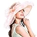 Women Foldable Organza Church Derby Hat Ruffles Wide Brim Summer Bridal Cap for Wedding Tea Party Beach (Peach-Pink)