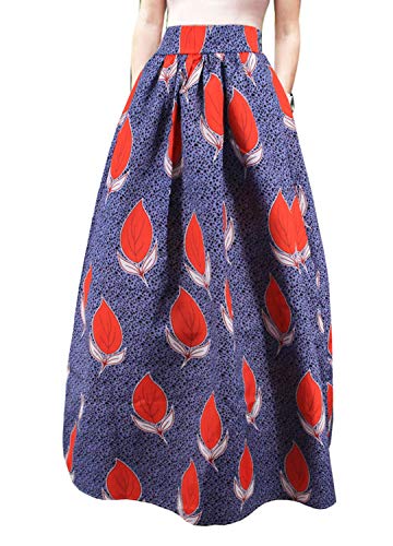 Novia's Choice Women African Floral Print Pleated High Waist Maxi Casual A-Line Skirt(Red Leaf S)