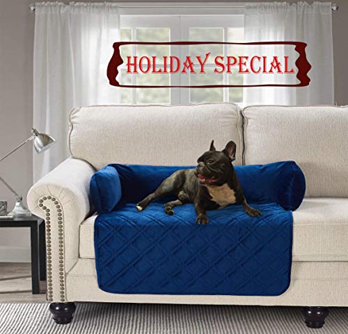 Waterproof Velvet Pet Couch Sofa Bed Slip Resistant, with 3-Sides Removable Cushions, Soft and Durable for Dogs, Cats (Small 18″×32″×8″ Navy Blue)