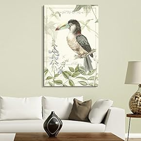 Canvas Wall Art - Vintage Style Bird Big Beak on Floral Background - Giclee Print Gallery Wrap Modern Home Art Ready to Hang - 12x18 inches