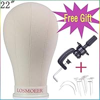 Losmoeer 22Inch Canvas Block Head Wig Set with Stand T-pins C Type Weaving Needle for Making Wigs Display Styling Mannequin Head with Mount Hole (22Inch Wig Head +Clamp Stand + T Pins +C Type Needles)