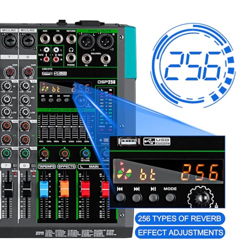 Depusheng PA8 Professional Audio Mixer Sound Card Console System Desk Interface 8 USB Bluetooth MP3 Input Computer Power Supply Phantom 48 V Reverb Effect 256 Integrated Black