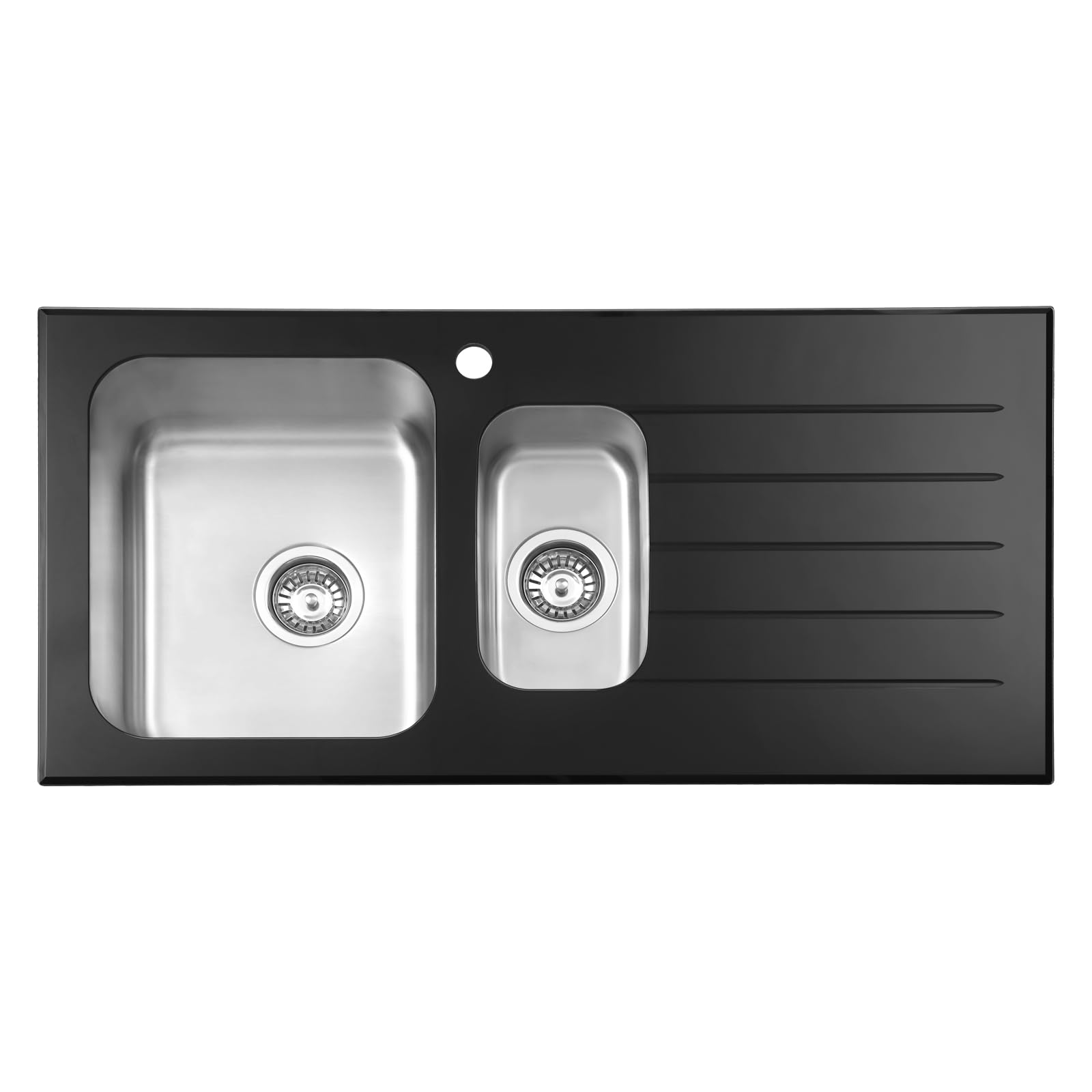 JASSFERRY Glossy Black Glass Top Kitchen Sink Stainless Steel 1.5 One Half Bowl Right Hand Drainer, 1000 X 500 mm
