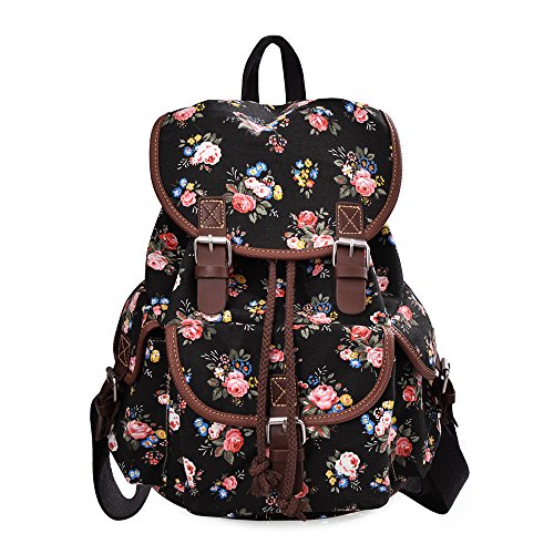 Lt Tribe Casual Floral Canvas Bag School College Backpack for Girls Black G00163 Bags & Cases