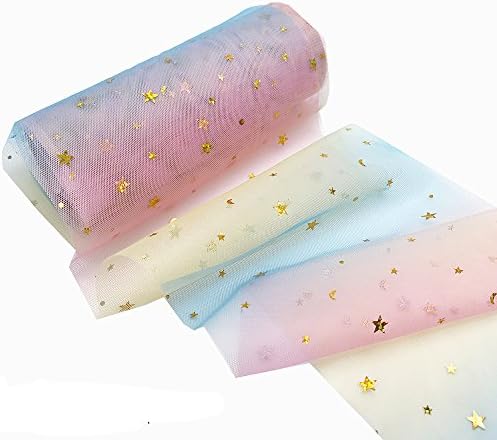 Rainbow Tulle With Stars heart Tulle Roll 15cm x 10 yds DIY Headwear Crafts Gift Wrap Tutu Skirt for Wedding Baby Shower Birthday Party Festive Event Decor Supplies (gold star and moon)