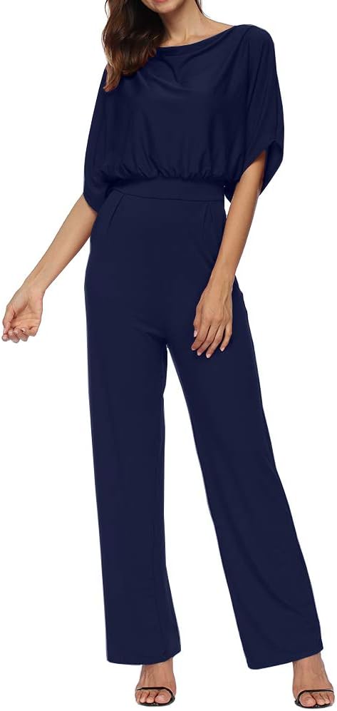 Uoohal Women Casual Dolman Batwing Sleeve Wide Legs Jumpsuits Boat Neck Romper with Pockets