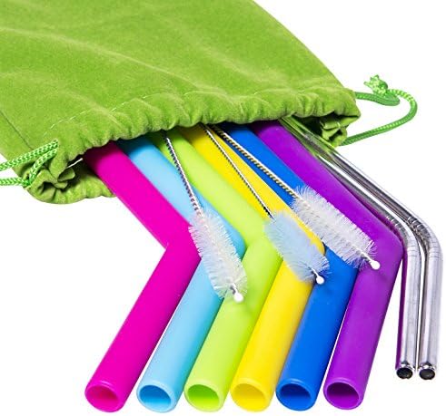 Hibery Silicone Straws 6 Pcs Reusable Straws for 30 oz Tumbler + 2 Pcs Stainless Steel Straws - Extra Long Metal Straws + 3 Brushes, Bonus 1 Storage Pouch