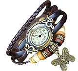 Boho Chic Vintage Inspired Leather Rope Wrist Bracelet Oval Watch with Butterfly (Coffee)