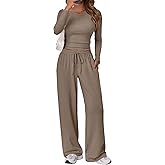 Trendy Queen Women's 2 Piece Matching Lounge Set Long Sleeve Side Ruching Top Wide Leg Drawstring Pants Set with Pockets