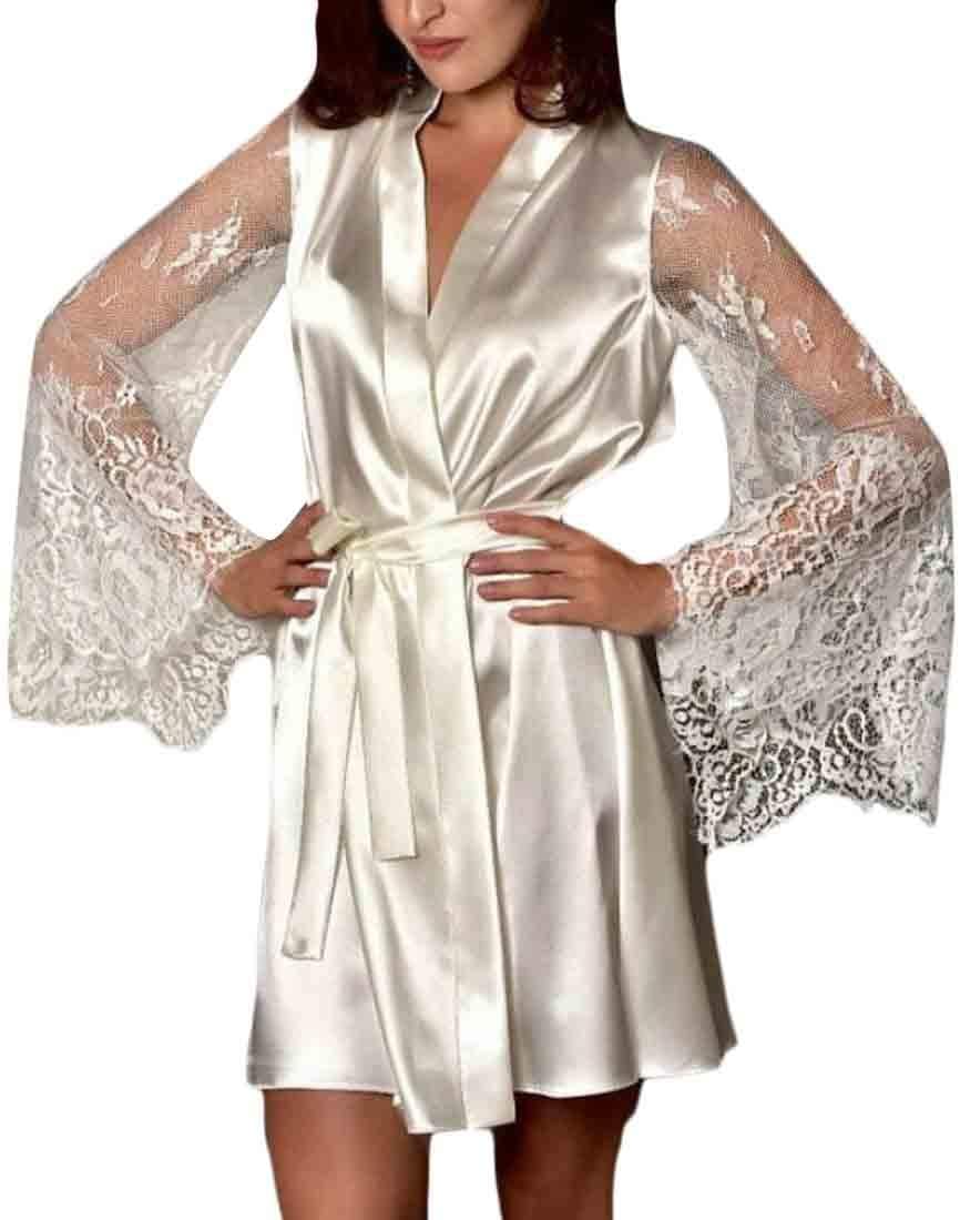 Gocgt Women's Lingerie Nightwear Satin Sleepwear Lace Babydoll Kimono Robe