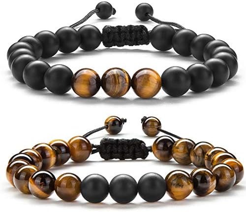 Hamoery Men Women 8mm Tiger Eye Stone Beads Bracelet Braided Rope Natural Stone Yoga Bracelet Bangle-21018