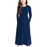 21KIDS Girls Maxi Dress Kids Solid Long Sleeve Casual Dresses with Pockets for Girls 6-12 Years