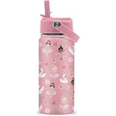 Ballet Water Bottle, 16oz Ballerina Girls Stainless Steel Insulated Water Bottle with Straw Lid, Ballerina Cup Tumbler Birthday Gifts for Kids Teen Girls School