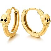 Mens Women Gold Skull Hoop Earrings, Stainless Steel Huggie Hoops, Gothic Punk Style Jewelry