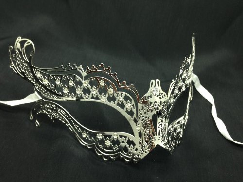 Exotic Silver Metal Laser Cut Venetian Mardi Gras Masquerade Mask with Diamond by KB