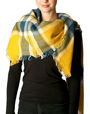 Women's Warm Oversized Checked Tartan Blanket Scarf Wrap Shawl With Brooch