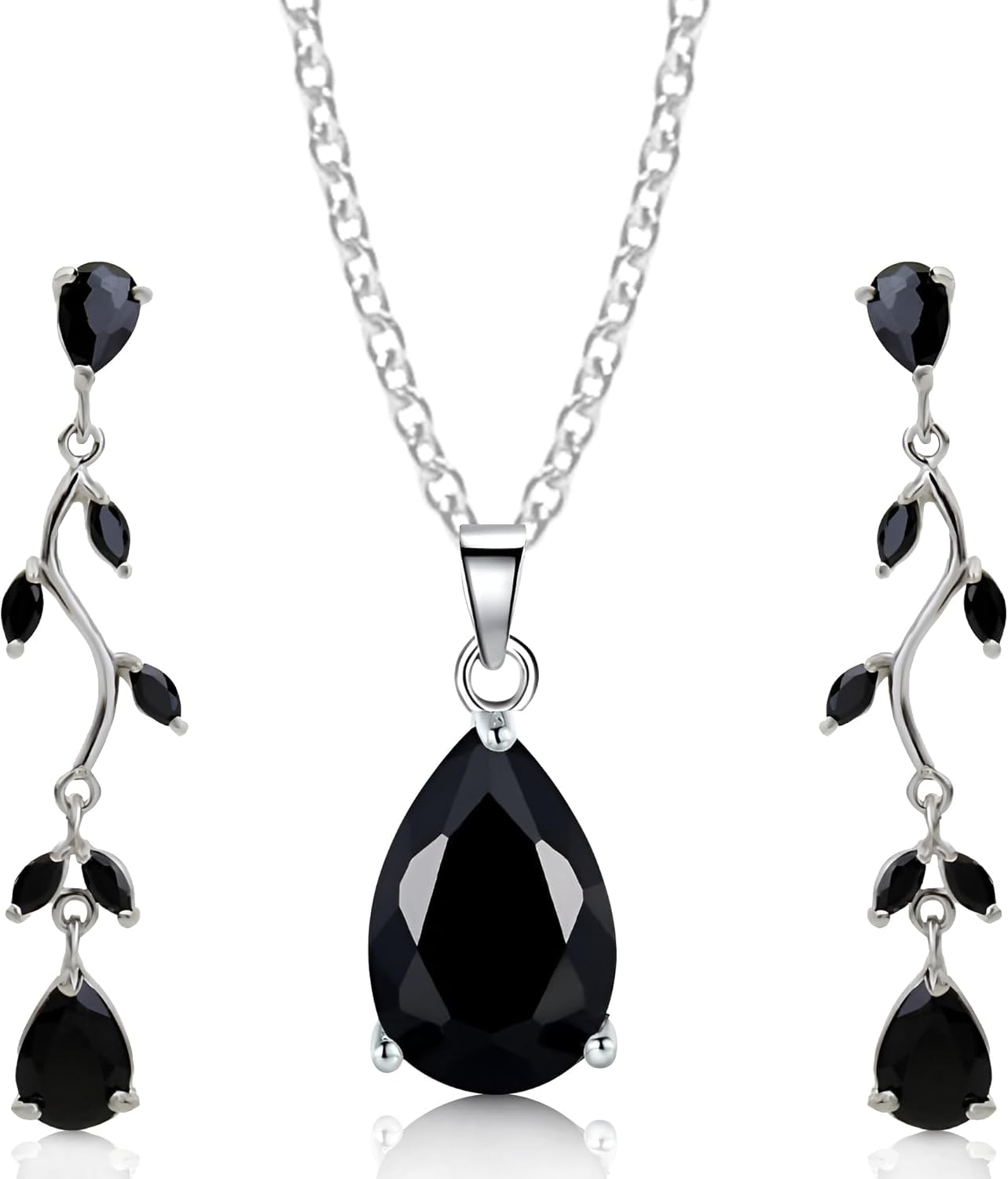 Crystalline Azuria Women 18ct White Gold Plated Teardrops Black Zirconia Crystals Set Necklace 17.7 inches Dangle Earrings