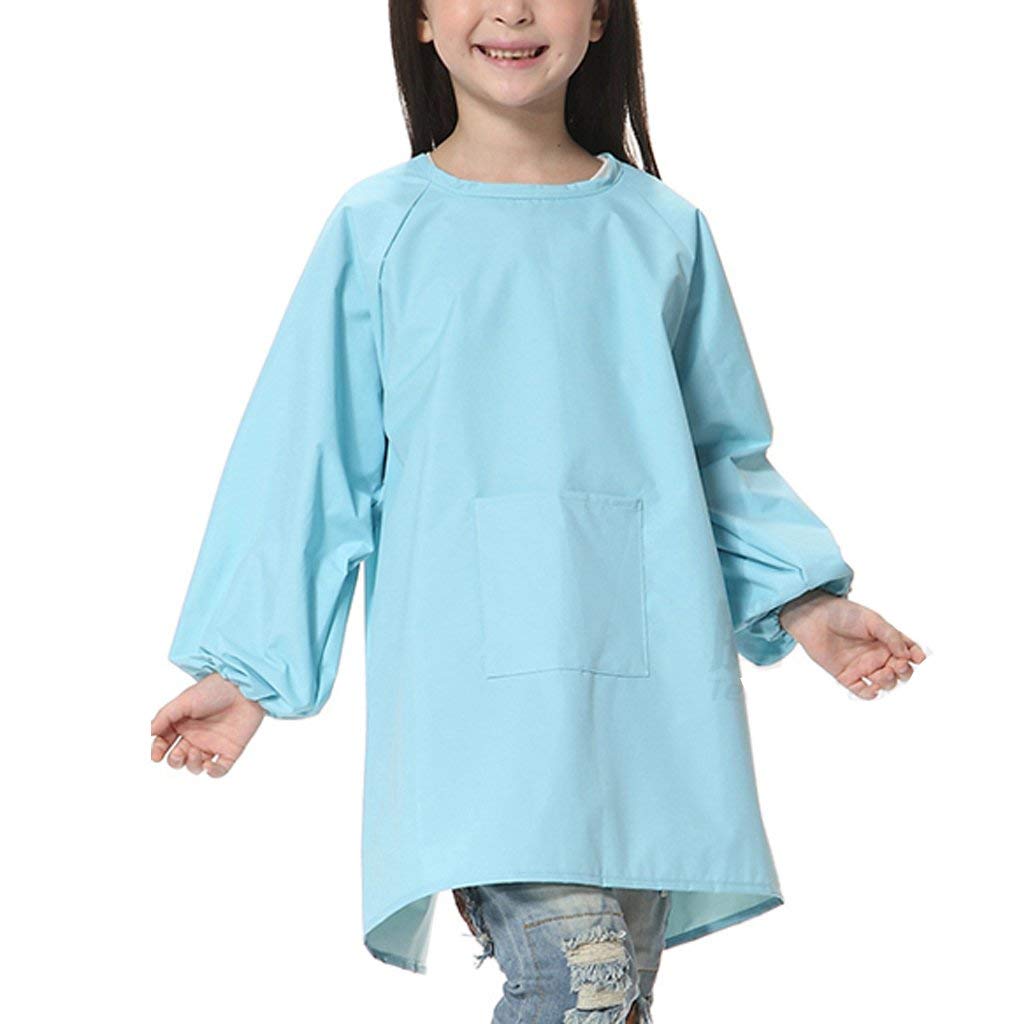Sanmum Kids Art Smocks, Children Waterproof Artist Painting Aprons with Long Sleeve, Long Sleeve Toddler Apron (Sky blue,S)