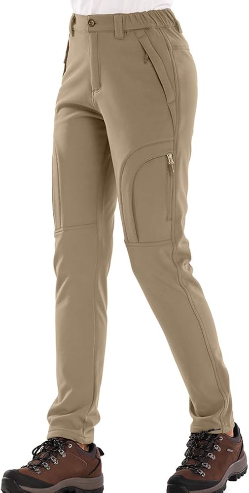 Women's Fleece Lined Outdoor Cargo Hiking Pants Water Repellent Softshell Snow Ski Pants with Zipper Pockets: Clothing