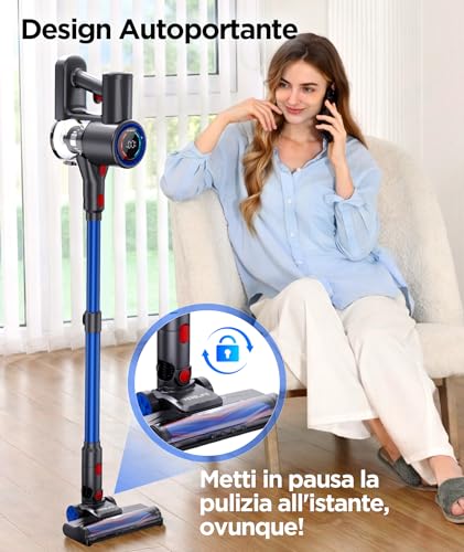 VersLife Z8 Aspirapolvere Senza Fili, 40KPa Scopa Elettrica Leggera con Luce LED Verde, Filtro HEPA, Autonomia 45 Min, Design Autoportante, per Pavimenti Duri, Tappeti e Peli di Animali
