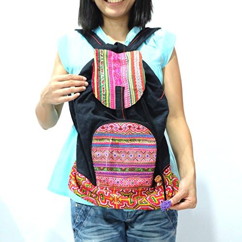 Colorful Handmade Backpack Pink Black Bag Hippy Tribe Gypsy Size : Height : 14" x Width : 16"