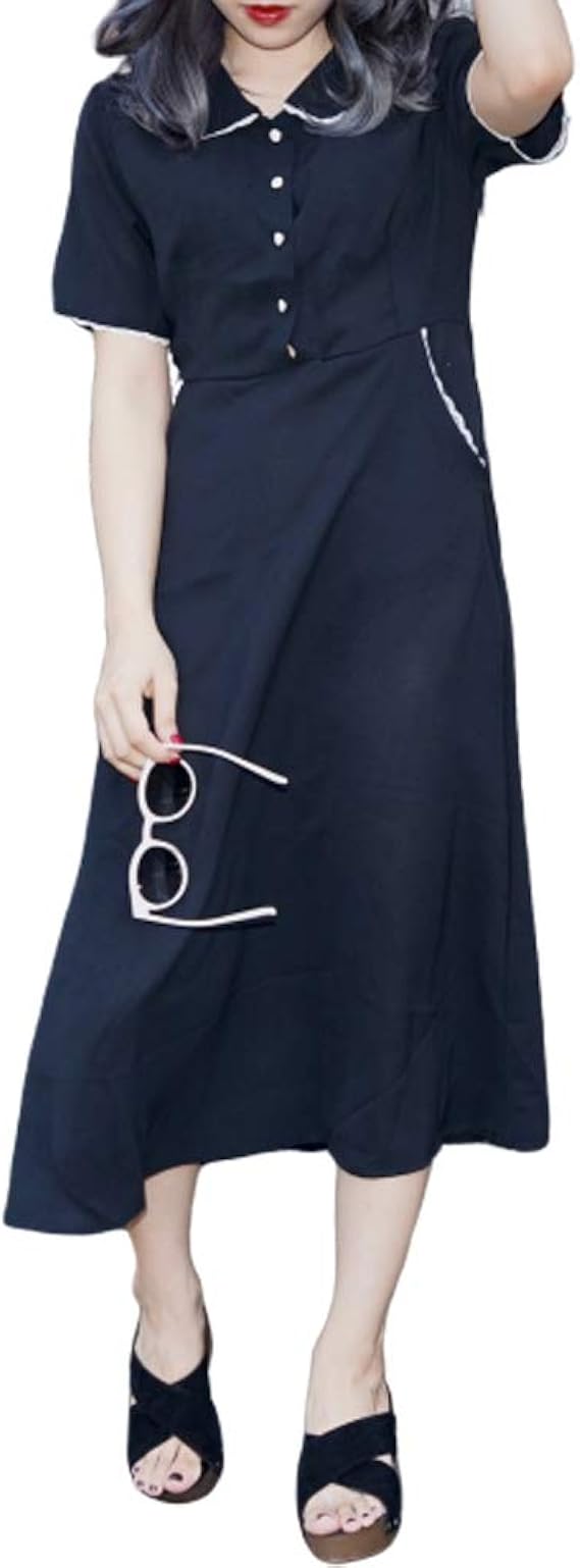 Amazon Lace Trim Round Collar Classic Onepiece Black 黒 ブラック 丸襟 クラシカル ヴィンテージライク モノトーン ロングワンピース 半袖 ワンピース チュニック 通販