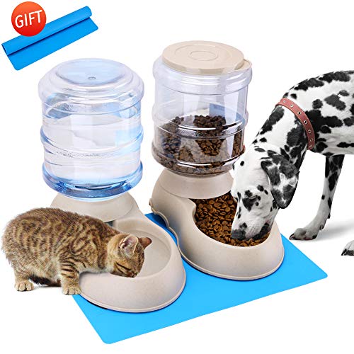 Self-Dispensing Gravity Pet Feeder and Waterer Set Dry Cat Dog Food Feeder and Water Dispenser Bundle with Pet Food Mat