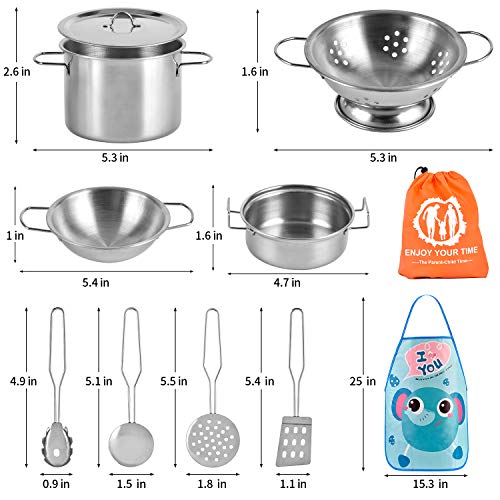 BGdoyz Kitchen Pretend Play Toys with Stainless Steel Cookware Pots and Pans Set, Cooking Utensils, Apron & Sleeve, Cutting Vegetables for Kids, Boys, Girls and Toddler Gifts Educational Learning Tool