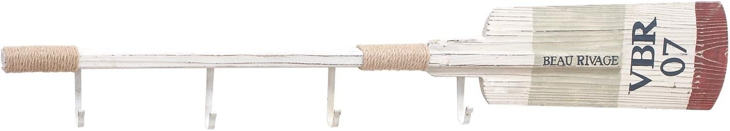 Four Hook Coat Rack, Wood Boat Oar Decorative Wall Mounted Nautical Accent Piece, 43-inch, (White Red)
