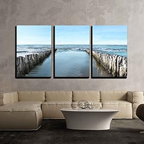 3 Piece Canvas Wall Art - Sea and Breakwater - Modern Home Art Stretched and Framed Ready to Hang - 16"x24"x3 Panels