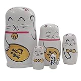 Winterworm Creative Cute Fortune Cat Lucky Cat Handmade Wooden Russian Nesting Dolls Matryoshka Dolls Set 5 Pieces for Kids Doll Toy Birthday Home Decoration (White)