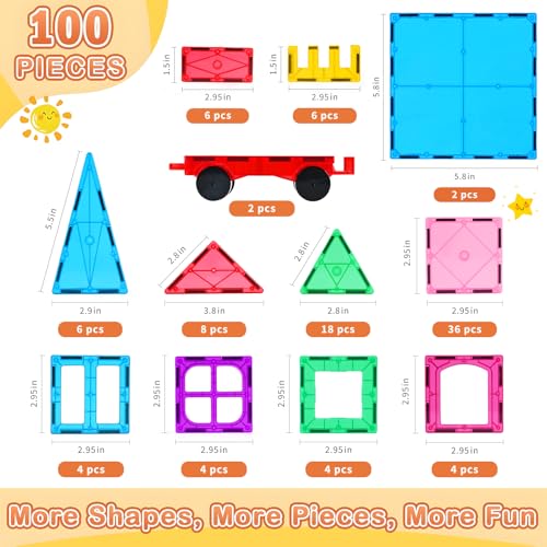 Katiago Magnetic Constructions, 100 Pieces Magnetic Blocks for Children from 3 4 5 6 Years, Strong Magnetic Construction with 2 Cars Perfect Gift for Boys and Girls of 3 4 5 6 7 8 Years Old