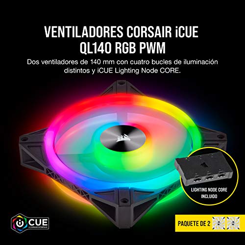 Corsair-iCUE-QL140-RGB-Ventilador-LED-RGB-68-LED-RGB-Direccionables-Individualmente-De-Hasta-1250-RPM-Silencioso-Amortiguadores-Antivibraciones-Paquete-doble-con-Lighting-Node-CORENegro