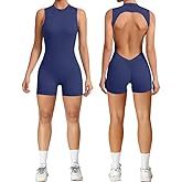 Litthing Women Short Jumpsuit Backless Scrunch Butt Workout Rompers V Back Yoga One Piece Unitards Sleeveless Gym Bodycon
