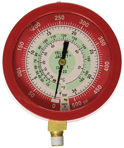 Yellow Jacket 49511 3-1/2" Liquid-Filled Gauge (degrees F and degrees C), Red Pressure, 0-500 psi (0 to 34 bar), R-22