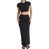 Two Piece Skirt Set for Women 2 PC Y2K Outfits Short Sleeve Crop Tops Bodycon High Waist Long Maxi Skirts